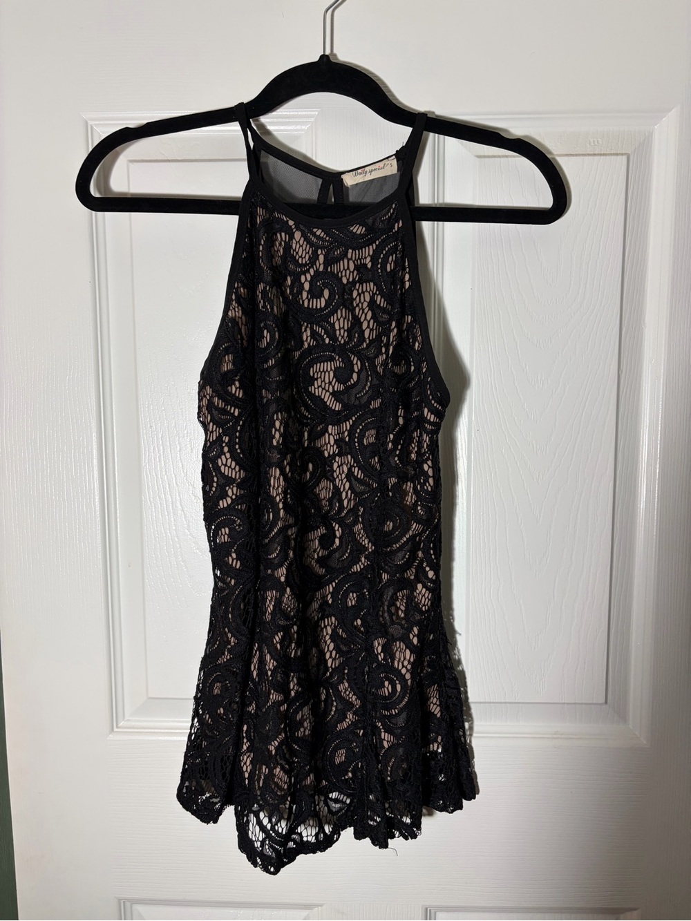 Black Lace Halter Tank Top with Nude Lining
